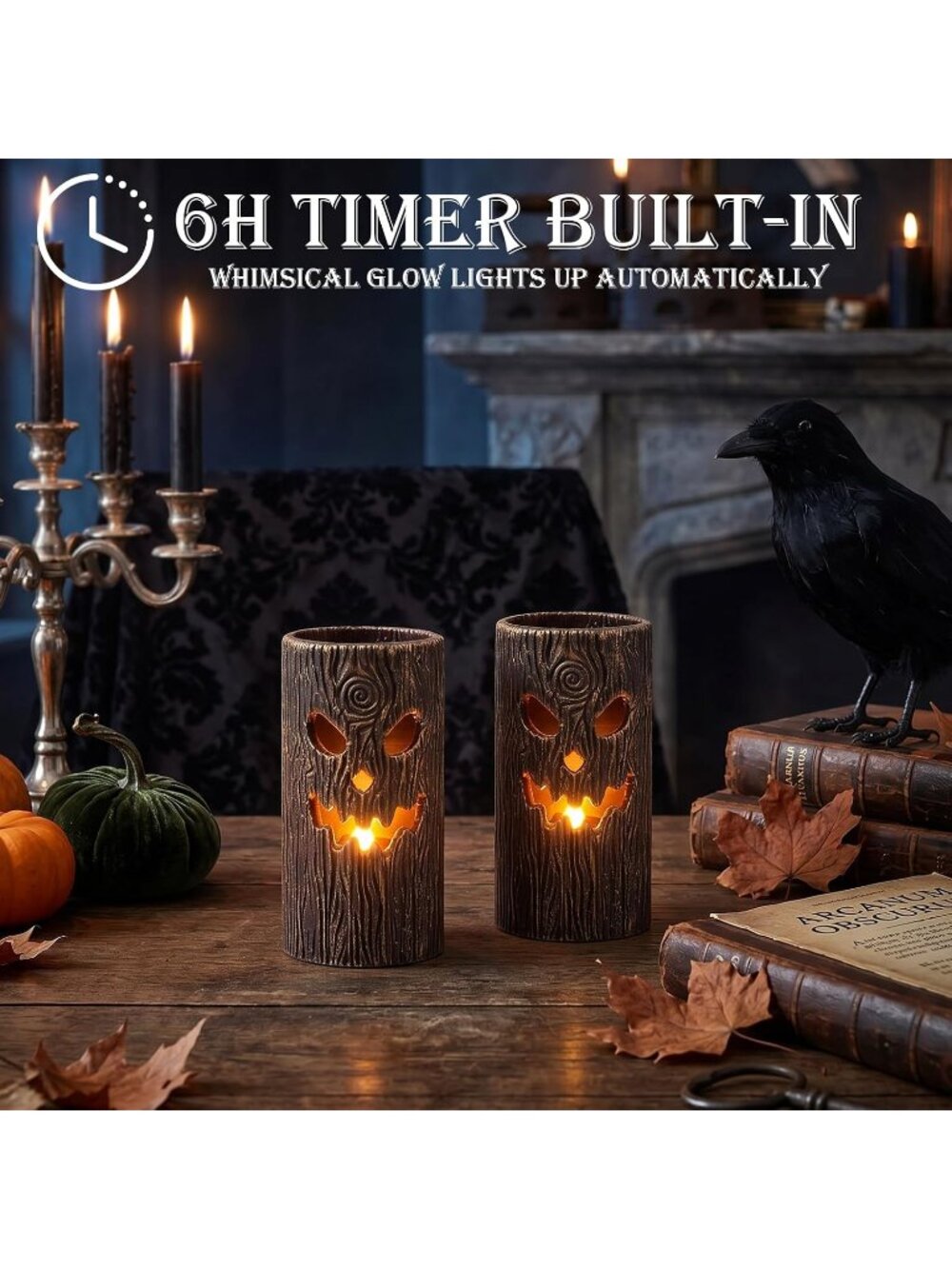 2PCS Halloween Ghost Tree Carved Flameless Pillar Candles Real Wax 6H Timer - Picture 3 of 7